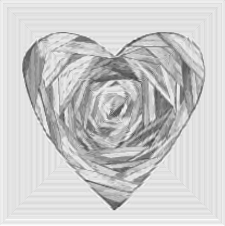 Stylized heart, illustration. Empty frame on striped spiral background in circle.のイラスト素材