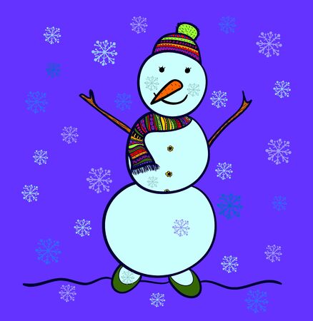 Snowman and lacy snowflakes. Abstract illustration.のイラスト素材