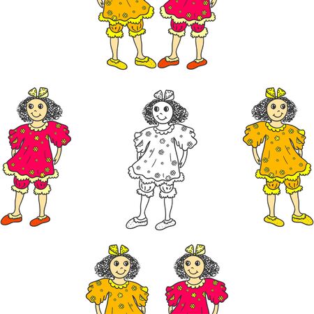 Cartoon positive seamless pattern with cute girls on colorful backgroundのイラスト素材