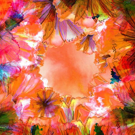 Hand painted colorful frame or border with bright flowers. Creative element for design.の写真素材