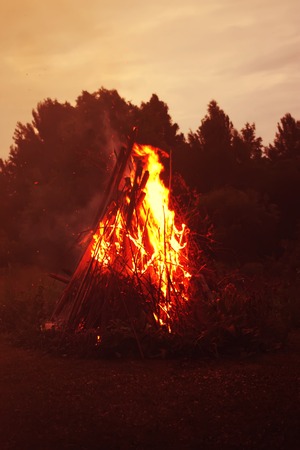 Bright bonfire flame on the rural field at summer eveningの写真素材
