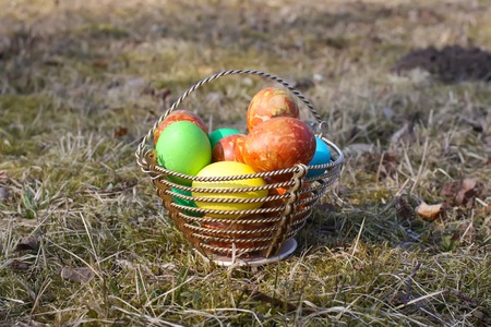 Bright colorful Easter eggs in a basket on the groundの写真素材