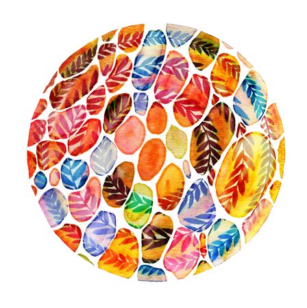Abstract watercolor illustration in circle with bright blots and leaves.の写真素材