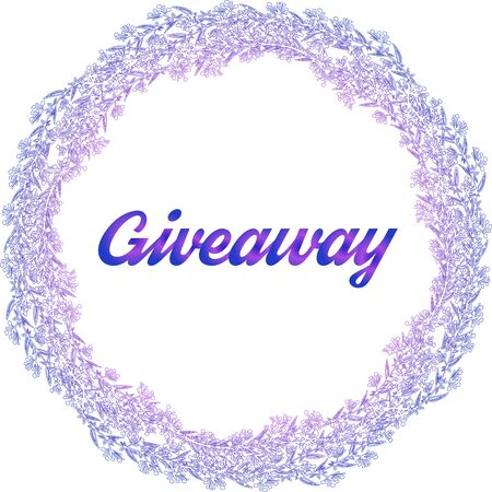 Giveaway inscription in a purple floral wreath on white background.