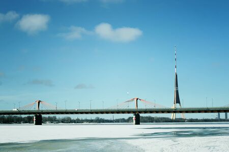 Winter landscape with a bridge in Riga, Latvia, East Europeの写真素材