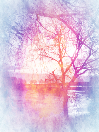 Spring trees. Photo combined with watercolor and aged paper texture.の写真素材