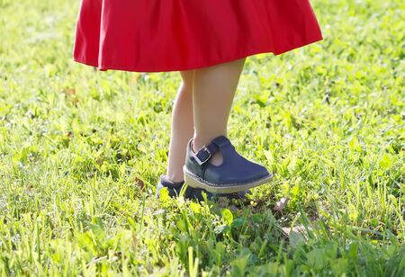 Adorable little girl in bright red dress walking in the summer parkの写真素材