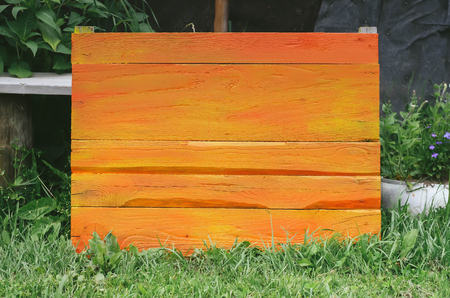 Wooden board outdoors. Natural wood background.の写真素材