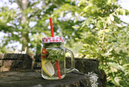 Strawberry Mojito cocktail with strawberry, lemon and fresh mint in the glass jar with a cocktail straw on a tree stump in sunny day at summer.の写真素材