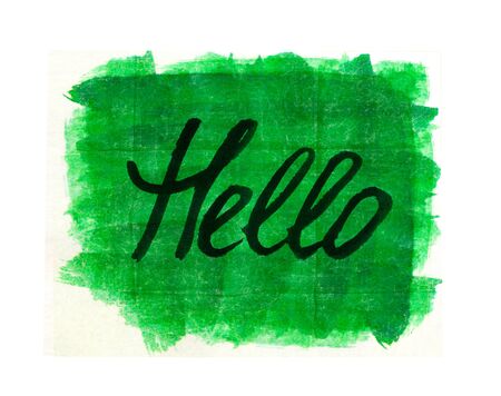 HELLO hand written word on green watercolor backgroundの写真素材