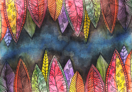 Abstract colorful watercolor painted background with bright stylized leavesの写真素材