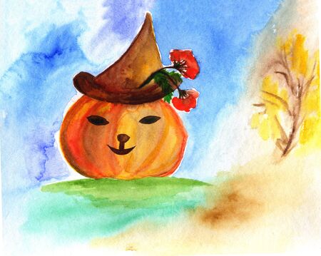 Happy Halloween card with watercolor pumpkin on abstract background.の写真素材