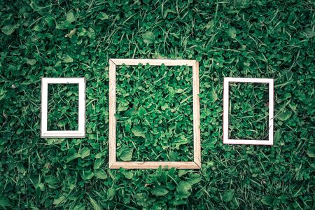 Three old wooden frame on green grass background.の写真素材