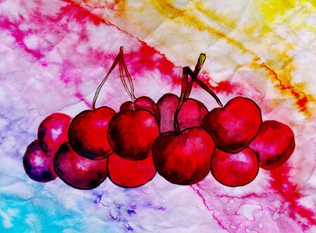 Watercolor background with cherries. Vintage poster, banner, scrapbook page. Handmade aged paper texture in retro style. Can be used for cards, invitations, web.の写真素材