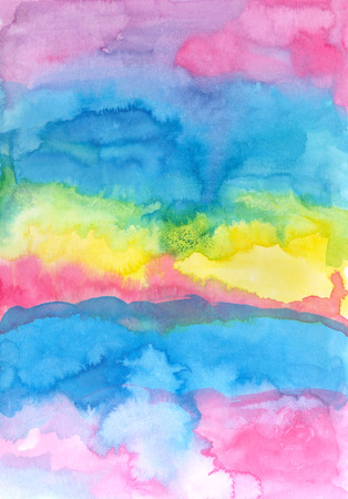 Watercolor vibrant background in bright colors. Vintage poster, banner, scrapbook page. Handmade paper texture with stains and blots. Can be used for cards, invitations, web, clothing, textile.の写真素材