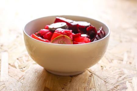 Beet and cucumber salad vinaigrette in a cup