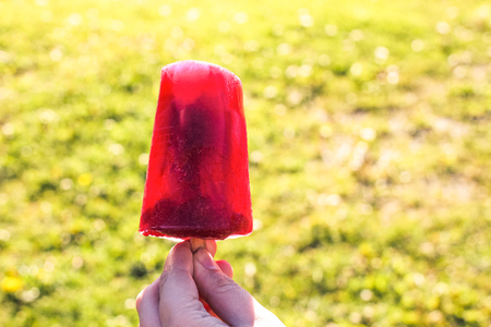 Red fruit sweet popsicle. Ice cream on wooden stick on summer nature background in sunny day.の写真素材