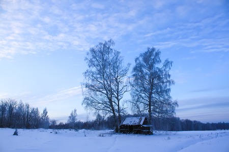 Winter landscape with old shed in a countryside.の写真素材