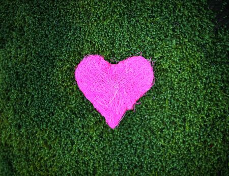Decorative colorful heart on green moss in park.の写真素材