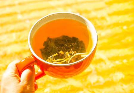 Ceramics cup of hot organic herbal tea in a hand.の写真素材