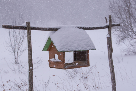 Detail of winter nature in countryside. Old bird feeder outdoors.の写真素材