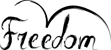 Word Freedom and flying bird. Typography poster. Hand written quote with bird silhouette.のイラスト素材