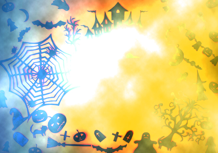 Decorations for Halloween party. Handmade paper decor. Festive greeting card, poster, banner design. Spider web, pumpkin, bat, cats, ghosts and spiders on bright colorfulbackground.の写真素材