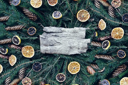 Tree bark piece on green fir-tree branches decorated with dried orange slices and cones. Christmas, New Year winter holiday festive composition in vintage style.の写真素材