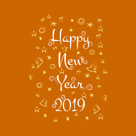 Happy New Year text with decorative doodles. Holiday illustration for design greeting cards, invitations, prints, poster.のイラスト素材