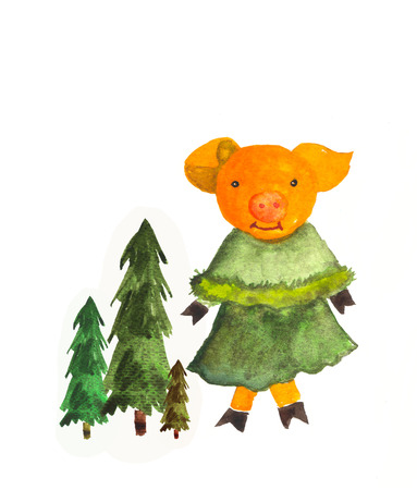 Watercolor illustration with spruce trees.の写真素材