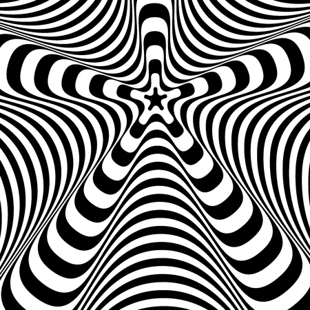 Abstract twisted black and white background. Optical illusion of distorted surface. Twisted stripes. Stylized 3d texture. Vector illustration.のイラスト素材