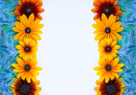 Floral composition background. Black-eyed susan or Rudbeckia hirta plant, brown betty, gloriosa daisy, golden Jerusalem.の写真素材
