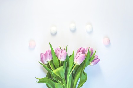 Spring beautiful tulip flowers on soft white background with meringue cookies. Mother's day,...