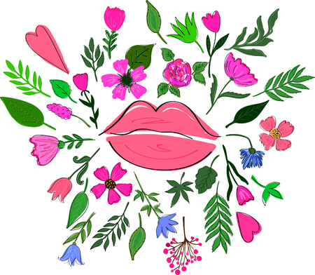 Set of flowers, green leaves and lips on white background. Fashion and botanical details for design.のイラスト素材