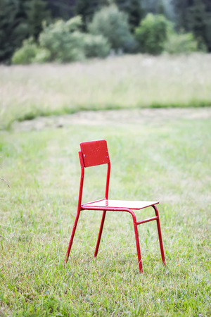 Red chair on green meadow om green grassの写真素材