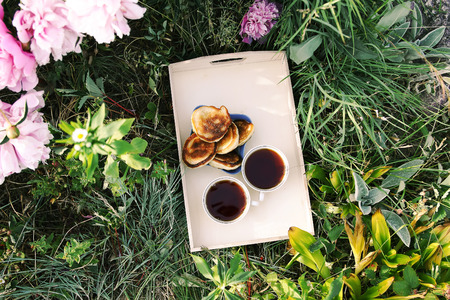 Tea in country style in summer garden in the village.の写真素材