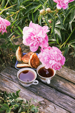 Tea in country style in summer garden in the village.の写真素材