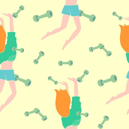 Seamless pattern. Woman with red hair in blue dress doing her headstands. Sport fitness colorful background with dumbbells.の写真素材