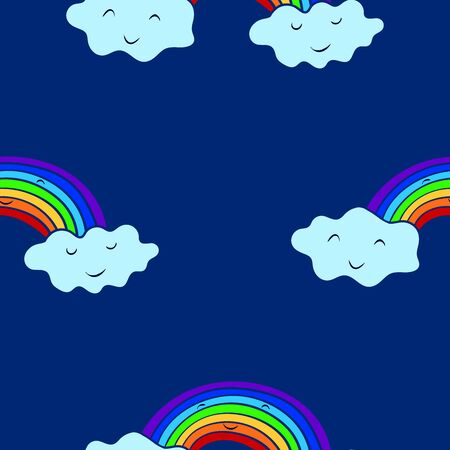 Seamless pattern with funny rainbow and clouds. Decorative childish background.の写真素材
