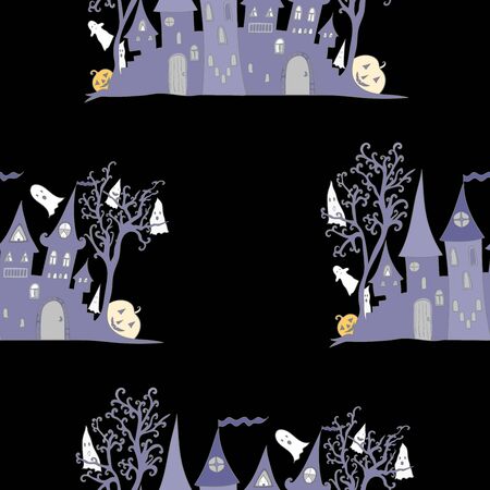 Happy halloween seamless background with haunted house, trees and cute ghosts. Vector illustration. Decorative pattern for advertisement, card, flyer, poster.のイラスト素材