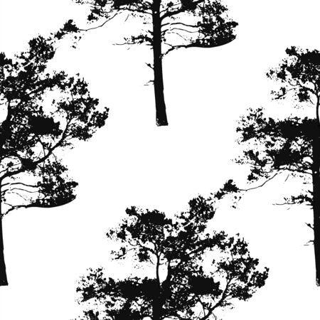 Black and white seamless background with pine tree silhouettes. Forest nature element. Vector illustration.のイラスト素材