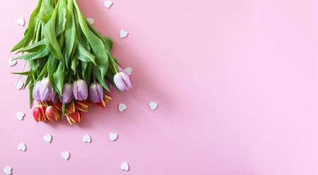 Women's day composition. Tulip flowers and small hearts on soft pink background.の写真素材