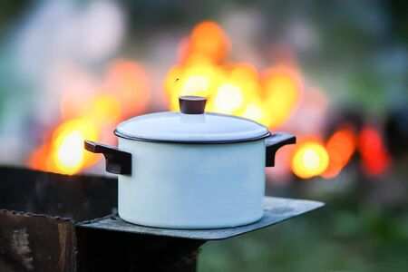 Meat on the grill and white pan on the brazier on bonfire background.
