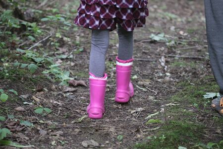 A little girl walking in the summer forestの写真素材