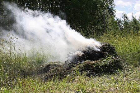 Smoky in the field from the burning grass in countrysideの写真素材