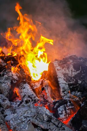 Bonfire at a camp in summer evening outdoors.の写真素材