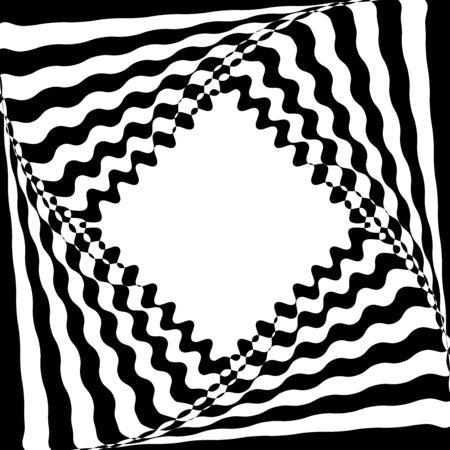 Abstract twisted black and white background. Optical illusion of distorted surface. Twisted stripes. Stylized 3d frame. Vector illustration. Great for wall art, poster, banner, web.のイラスト素材