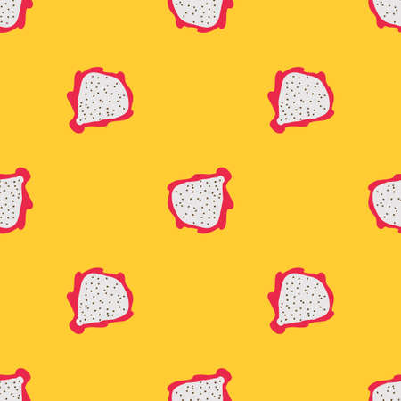 Seamless texture. Decorative background design with summer dragon fruits or pitaya slices. Colorful vector pattern for textile, stationery, wallpaper, wrapping paper, web, scrapbookのイラスト素材