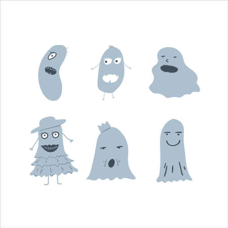 Vector set of the funny hand drawn Halloween monster or ghost cartoon characterのイラスト素材