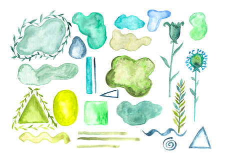 Set of different watercolor elements. Brush strokes, geometrical shapes, herbal elementsの写真素材